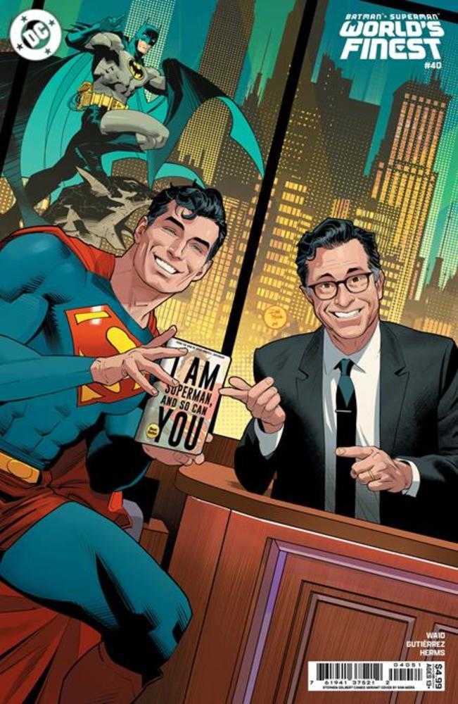 Batman Superman Worlds Finest 40 Cover D Dan Mora Stephen Colbert Celebrity Cameo Card Stock Variant - Walt's Comic Shop
