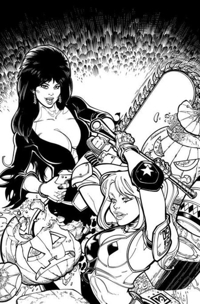 Harley Quinn X Elvira 1 Cover Q Inc Chad Hardin Line Art Full Art 1:15 Ratio Variant - Walt's Comic Shop