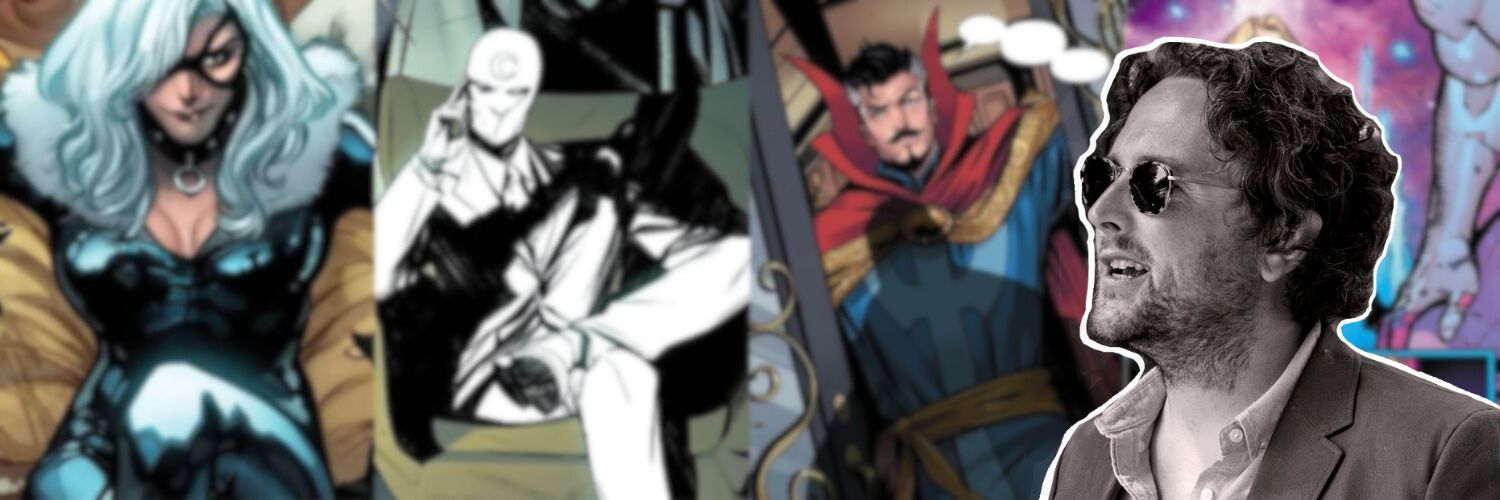 Jed MacKay infront of the panels mentioned in the article, which are portraying Black Cat, Moon Knight, Doctor Strange and Captain Marvel.