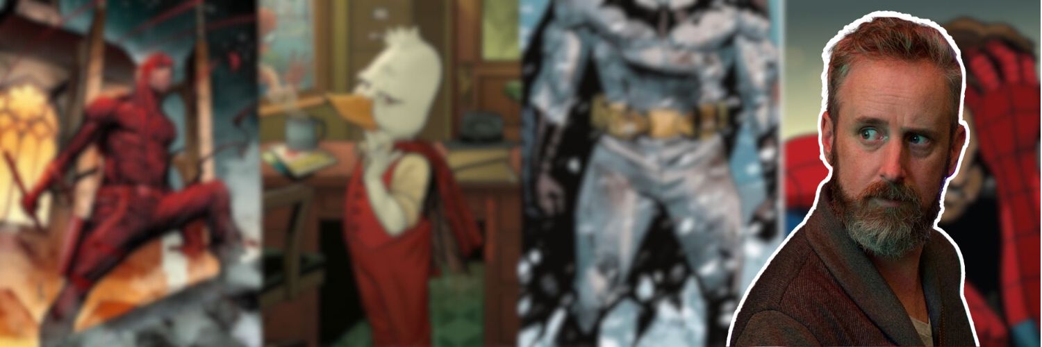 Chip Zdarsky is standing infront of his characters. In the background, from left to right, we see Daredevil, Howard the Duck, Batman and Spider-Man aka. Peter Parker.