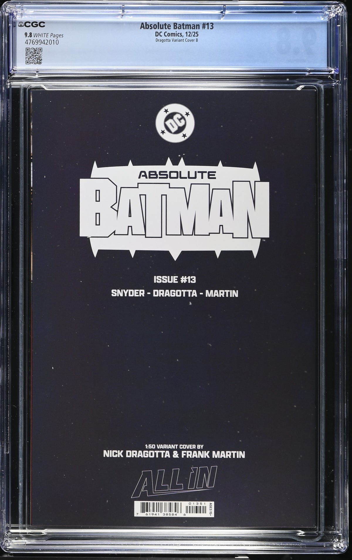 Absolute Batman #13 Cover I Nick Dragotta Virgin Card Stock 1:50 Ratio Variant CGC 9.8