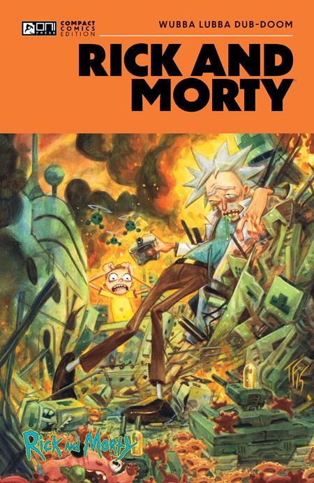 Cover of 'Rick and Morty' book with animated characters in a chaotic scene.